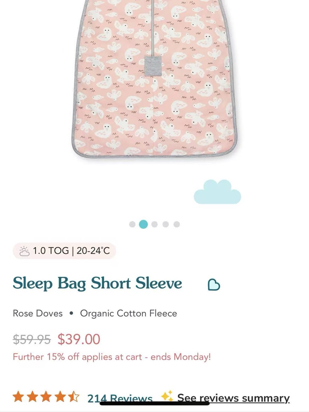 NWT Love to dream Pink & Gray Bird-Print Sleep Sack 1.0tog 6-18months